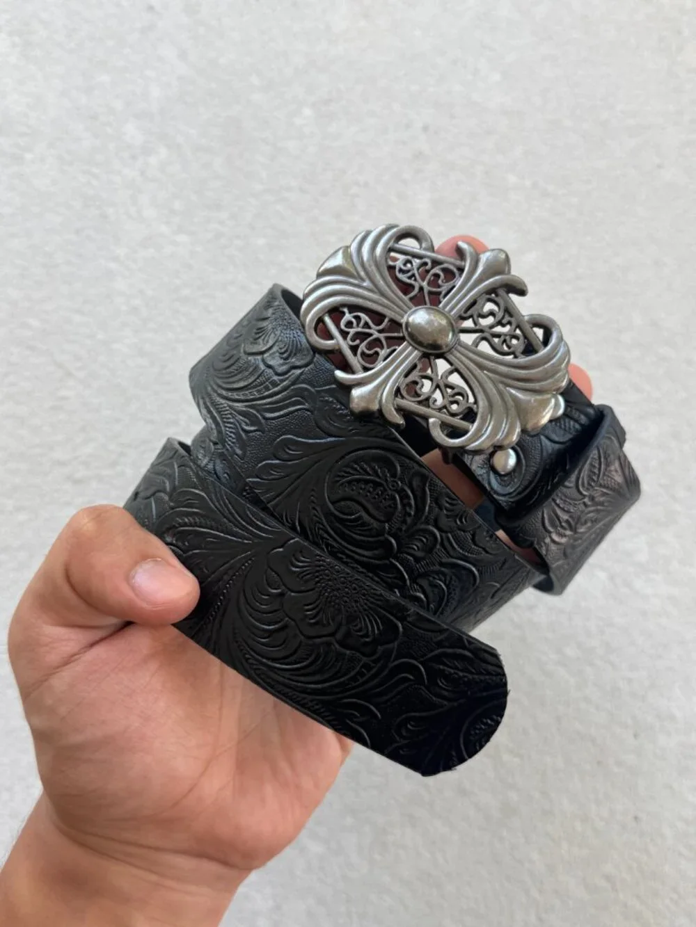 Black Floral Embossed Gothic Filigree Cross Belt
